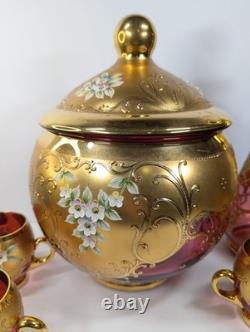 9 Pc Set Bohemian Czech Glass Cranberry Gold Gilt Hand Painted Punch Bowl Set