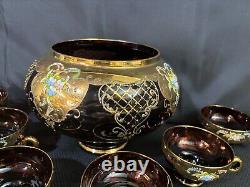 9 Pc Set Bohemian Czech Glass Cranberry Gold Gilt Hand Painted Punch Bowl Set