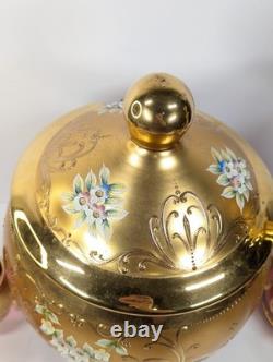 9 Pc Set Bohemian Czech Glass Cranberry Gold Gilt Hand Painted Punch Bowl Set