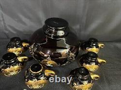 9 Pc Set Bohemian Czech Glass Cranberry Gold Gilt Hand Painted Punch Bowl Set