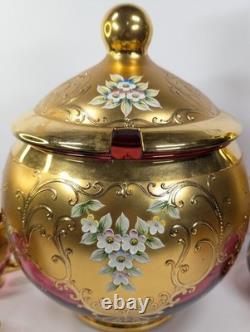 9 Pc Set Bohemian Czech Glass Cranberry Gold Gilt Hand Painted Punch Bowl Set