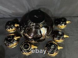 9 Pc Set Bohemian Czech Glass Cranberry Gold Gilt Hand Painted Punch Bowl Set