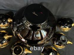 9 Pc Set Bohemian Czech Glass Cranberry Gold Gilt Hand Painted Punch Bowl Set