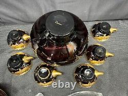 9 Pc Set Bohemian Czech Glass Cranberry Gold Gilt Hand Painted Punch Bowl Set