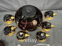 9 Pc Set Bohemian Czech Glass Cranberry Gold Gilt Hand Painted Punch Bowl Set