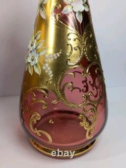 9 Pc Set Bohemian Czech Glass Cranberry Gold Gilt Hand Painted Punch Bowl Set