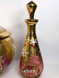 9 Pc Set Bohemian Czech Glass Cranberry Gold Gilt Hand Painted Punch Bowl Set