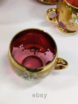 9 Pc Set Bohemian Czech Glass Cranberry Gold Gilt Hand Painted Punch Bowl Set