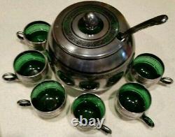 9PCS VINTAGE EMERALD GREEN WithSILVER OVERLAY PUNCH BOWL SETBOWL/LID/CUPS/LADLE