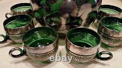 9PCS VINTAGE EMERALD GREEN WithSILVER OVERLAY PUNCH BOWL SETBOWL/LID/CUPS/LADLE