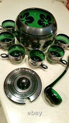 9PCS VINTAGE EMERALD GREEN WithSILVER OVERLAY PUNCH BOWL SETBOWL/LID/CUPS/LADLE