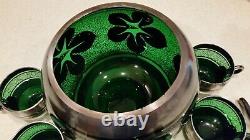 9PCS VINTAGE EMERALD GREEN WithSILVER OVERLAY PUNCH BOWL SETBOWL/LID/CUPS/LADLE