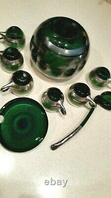 9PCS VINTAGE EMERALD GREEN WithSILVER OVERLAY PUNCH BOWL SETBOWL/LID/CUPS/LADLE