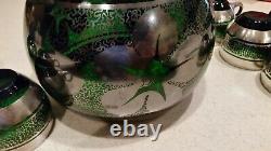 9PCS VINTAGE EMERALD GREEN WithSILVER OVERLAY PUNCH BOWL SETBOWL/LID/CUPS/LADLE