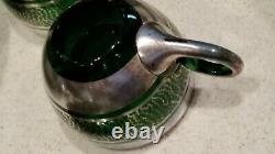 9PCS VINTAGE EMERALD GREEN WithSILVER OVERLAY PUNCH BOWL SETBOWL/LID/CUPS/LADLE