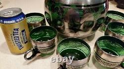 9PCS VINTAGE EMERALD GREEN WithSILVER OVERLAY PUNCH BOWL SETBOWL/LID/CUPS/LADLE