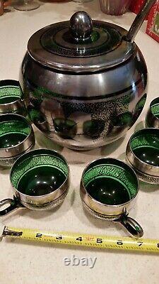 9PCS VINTAGE EMERALD GREEN WithSILVER OVERLAY PUNCH BOWL SETBOWL/LID/CUPS/LADLE