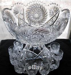 ABP American Brilliant Period Cut Glass Large 14 1/2 Punch Bowl Base & 9 Cups