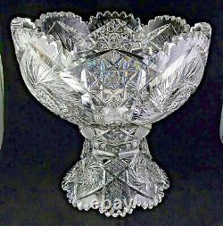 ABP American Brilliant Period Cut Glass Punch Bowl & Base Flashed Stars Hobstars