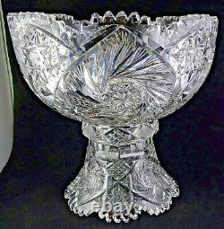 ABP American Brilliant Period Cut Glass Punch Bowl & Base Flashed Stars Hobstars