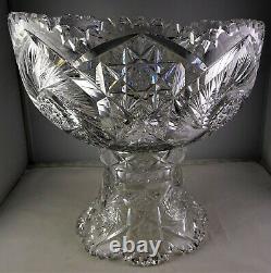 ABP American Brilliant Period Cut Glass Punch Bowl & Base Flashed Stars Hobstars