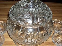 ABP American Brilliant Period Hand Cut Crystal Pinwheel Star Covered Punch Bowl