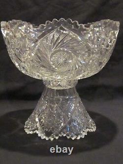 ABP Libbey Cut Glass Punch Bowl & Stand Buzzsaw & Hobstar Cutting