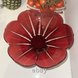 AJKA Hungarian Design Cut to Clear Crystal Large Flower Punch Bowl Ruby Red