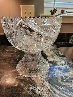 AMERICAN BRILLIANT (ABP) CUT GLASS PUNCH BOWL & STAND, c. 1880-1920 with LADLE