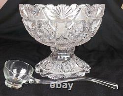 AMERICAN BRILLIANT (ABP) CUT GLASS PUNCH BOWL & STAND, c. 1880-1920 with LADLE