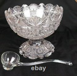 AMERICAN BRILLIANT (ABP) CUT GLASS PUNCH BOWL & STAND, c. 1880-1920 with LADLE