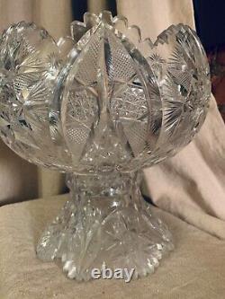AMERICAN BRILLIANT CUT GLASS PUNCH BOWL & Pedestal ABP RAJAH BY PITKIN & BROOKS