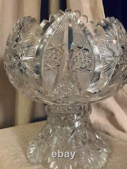 AMERICAN BRILLIANT CUT GLASS PUNCH BOWL & Pedestal ABP RAJAH BY PITKIN & BROOKS