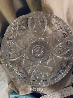 AMERICAN BRILLIANT CUT GLASS PUNCH BOWL & Pedestal ABP RAJAH BY PITKIN & BROOKS