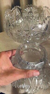 AMERICAN BRILLIANT CUT GLASS PUNCH BOWL & Pedestal ABP RAJAH BY PITKIN & BROOKS