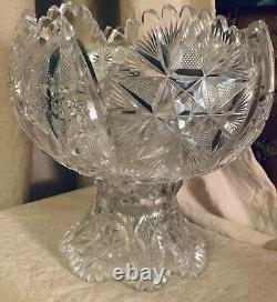 AMERICAN BRILLIANT CUT GLASS PUNCH BOWL & Pedestal ABP RAJAH BY PITKIN & BROOKS