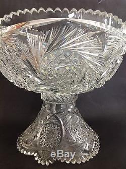 American Brilliant Period Abp Cut Glass 2 Piece Punch Bowl Huge Size 12w, 11h