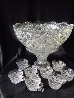 AMERICAN BRILLIANT PERIOD (ABP) CUT GLASS PUNCH BOWL & STAND, c. 1880-1900