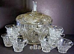 AMERICAN CUT Crystal Cut Glass PUNCH BOWL WITH LID + 11 Punch Cups
