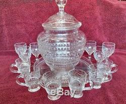 Antique Large Glass Punch Bowl- One Thousand Eye Design-platter/ + 6 Punch & 6 G