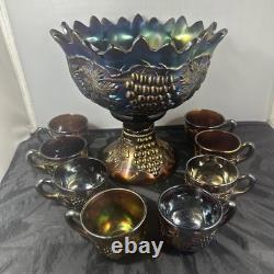 ANTIQUE NORTHWOOD GRAPE AND CABLE CARNIVAL GLASS 10 PC PUNCH SET 8 Cups Vintage