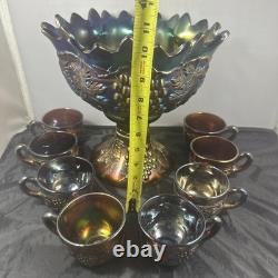 ANTIQUE NORTHWOOD GRAPE AND CABLE CARNIVAL GLASS 10 PC PUNCH SET 8 Cups Vintage
