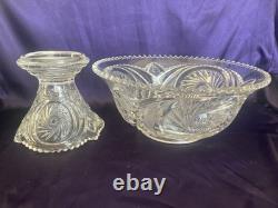 ANTIQUE Punch Bowl Set Hobstar Flower & Arches Imperial Glass Bowl & Stand