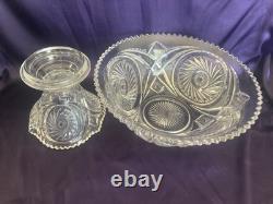 ANTIQUE Punch Bowl Set Hobstar Flower & Arches Imperial Glass Bowl & Stand