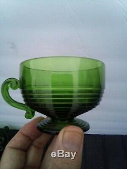 ART DECO 13 pcs GREEN GLASS PUNCH BOWL SET 12 MATCHING GLASSES CUPS vintage