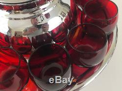 ART DECO Lehman Bros. Chrome & ruby glass punch set, SATURN bakelite 1930s