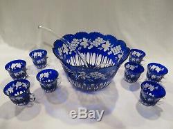 Ajka Hungary Cobalt Blue Cut-to-clear Crystal Punch Bowl & Eight Cups