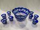 Ajka Hungary Cobalt Blue Cut-to-clear Crystal Punch Bowl & Eight Cups
