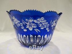 Ajka Hungary Cobalt Blue Cut-to-clear Crystal Punch Bowl & Eight Cups