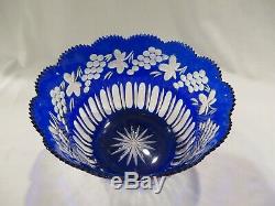 Ajka Hungary Cobalt Blue Cut-to-clear Crystal Punch Bowl & Eight Cups